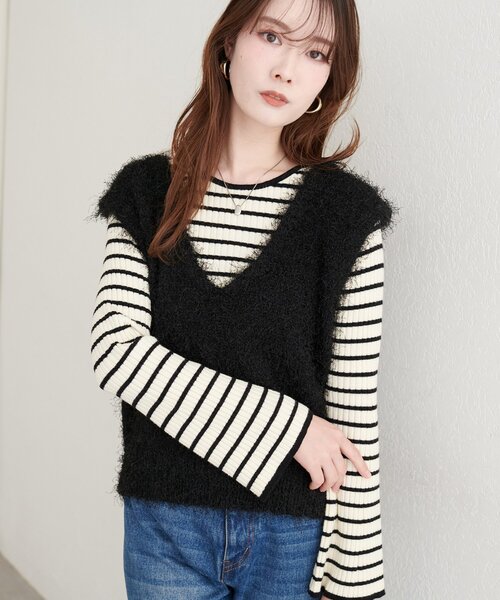 natural couture（ナチュラルクチュール）の「【WEB限定】フェザーヤーンVネックベスト（ベスト・レディース・アイボリー/ブラック/ブラウン・FREE）」の9枚目の写真