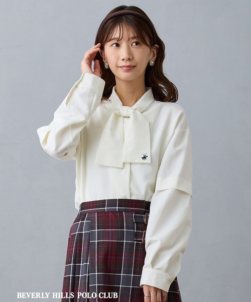 BEVERLY HILLS POLO CLUB(ビバリーヒルズポロクラブ)の「【BEVERLY HILLS POLO CLUB】ボウタイブラウス(シャツ/ブラウス・レディース・ネイビー系/オフホワイト/ブラウン系/サックスブルー/イエロー/ピンク・MEDIUM/M)」の1枚目の写真