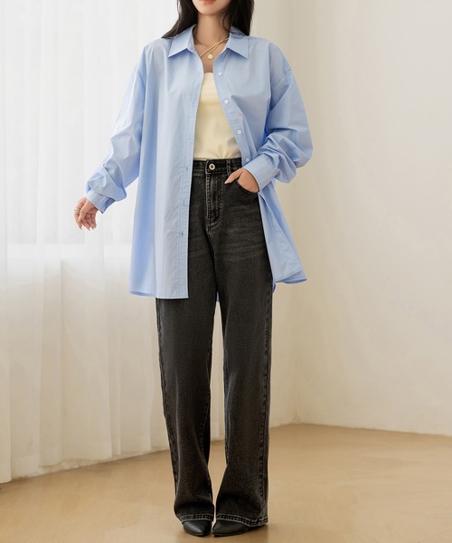 DAY CLOSET（デイ クローゼット）の「【ハリ感が魅力のブロード生地】長袖ヨーク切り替えレギュラーカラールーズシャツ レディース（シャツ/ブラウス・レディース・ホワイト/ネイビー/ブルー/ライトブルー・FREE）」の16枚目の写真