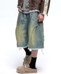 INCISION WASHING DENIM BERMUDA PANTS - LIGHT DENIM