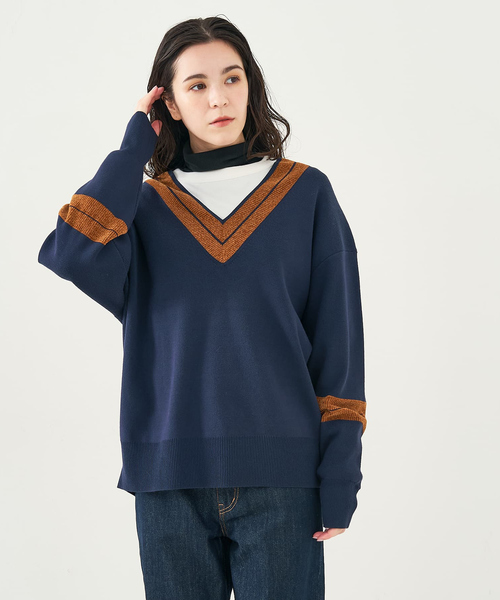 collex（コレックス）の「配色ラインVネックニットプルオーバー（ニット/セーター・レディース・ネイビー/アイボリー・フリー）」の2枚目の写真