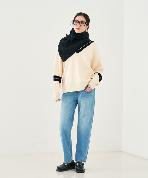 collex（コレックス）の「配色ラインVネックニットプルオーバー（ニット/セーター・レディース・ネイビー/アイボリー・フリー）」の5枚目の写真