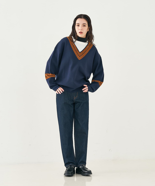 collex（コレックス）の「配色ラインVネックニットプルオーバー（ニット/セーター・レディース・ネイビー/アイボリー・フリー）」の6枚目の写真