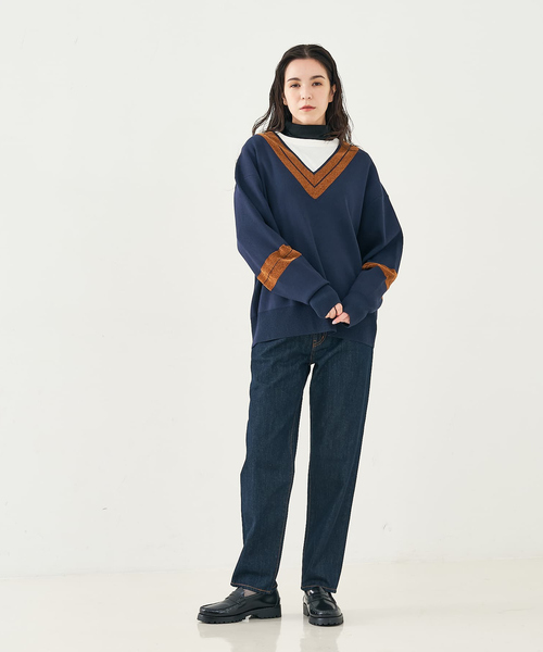 collex（コレックス）の「配色ラインVネックニットプルオーバー（ニット/セーター・レディース・ネイビー/アイボリー・フリー）」の7枚目の写真