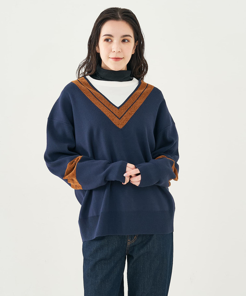 collex（コレックス）の「配色ラインVネックニットプルオーバー（ニット/セーター・レディース・ネイビー/アイボリー・フリー）」の9枚目の写真