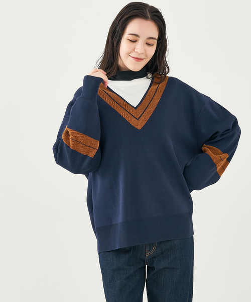 collex（コレックス）の「配色ラインVネックニットプルオーバー（ニット/セーター・レディース・ネイビー/アイボリー・フリー）」の10枚目の写真