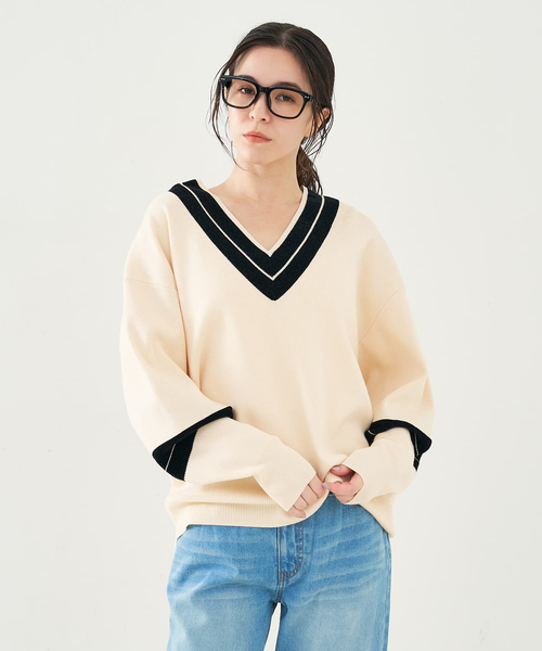 collex（コレックス）の「配色ラインVネックニットプルオーバー（ニット/セーター・レディース・ネイビー/アイボリー・フリー）」の12枚目の写真