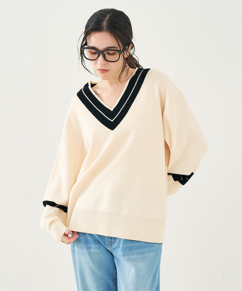 collex（コレックス）の「配色ラインVネックニットプルオーバー（ニット/セーター・レディース・ネイビー/アイボリー・フリー）」の13枚目の写真