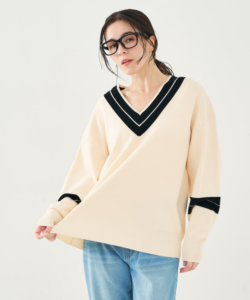 collex（コレックス）の「配色ラインVネックニットプルオーバー（ニット/セーター・レディース・ネイビー/アイボリー・フリー）」の14枚目の写真