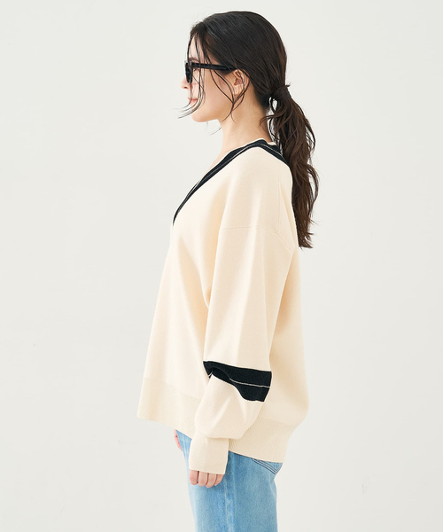 collex（コレックス）の「配色ラインVネックニットプルオーバー（ニット/セーター・レディース・ネイビー/アイボリー・フリー）」の16枚目の写真