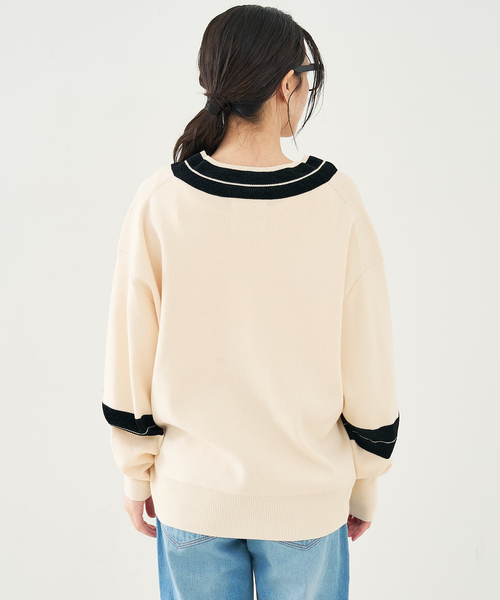 collex（コレックス）の「配色ラインVネックニットプルオーバー（ニット/セーター・レディース・ネイビー/アイボリー・フリー）」の17枚目の写真