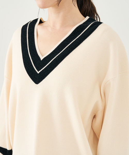 collex（コレックス）の「配色ラインVネックニットプルオーバー（ニット/セーター・レディース・ネイビー/アイボリー・フリー）」の18枚目の写真