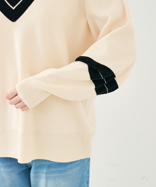 collex（コレックス）の「配色ラインVネックニットプルオーバー（ニット/セーター・レディース・ネイビー/アイボリー・フリー）」の19枚目の写真