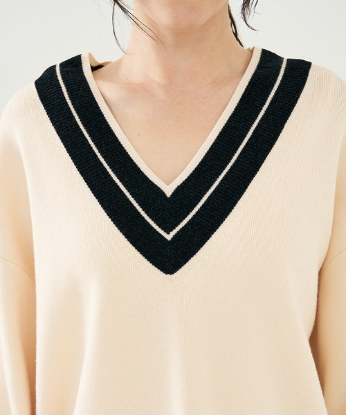 collex（コレックス）の「配色ラインVネックニットプルオーバー（ニット/セーター・レディース・ネイビー/アイボリー・フリー）」の21枚目の写真