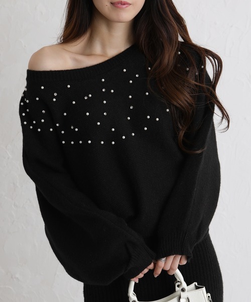 セール】パール×ビジュー 付 ドルマン袖 ニットミニワンピース