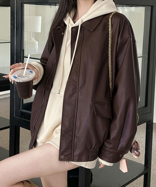 セール】PU オーバーサイズ フェイクレザー ジャケット/ ブルゾン 韓国