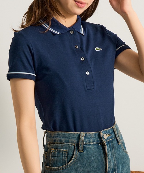 LACOSTE(ラコステ)の「【LACOSTE】ワンポイントロゴ ダブルラインポロシャツ DF5284(ポロシャツ・レディース・ネイビー/ホワイト・M/S)」の5枚目の写真