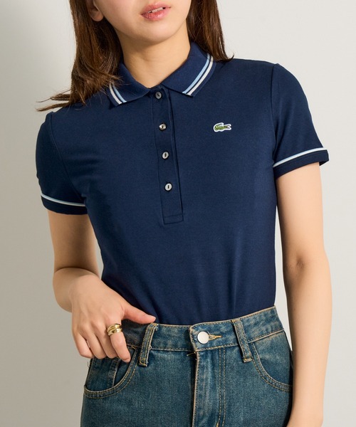 LACOSTE(ラコステ)の「【LACOSTE】ワンポイントロゴ ダブルラインポロシャツ DF5284(ポロシャツ・レディース・ネイビー/ホワイト・M/S)」の3枚目の写真