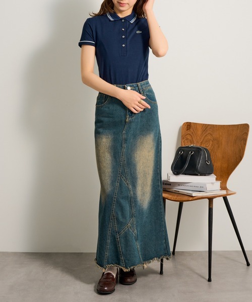 LACOSTE(ラコステ)の「【LACOSTE】ワンポイントロゴ ダブルラインポロシャツ DF5284(ポロシャツ・レディース・ネイビー/ホワイト・M/S)」の8枚目の写真