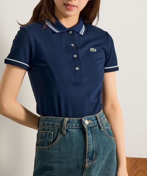 LACOSTE(ラコステ)の「【LACOSTE】ワンポイントロゴ ダブルラインポロシャツ DF5284(ポロシャツ・レディース・ネイビー/ホワイト・M/S)」の6枚目の写真