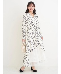 【大きいサイズ】裾チュールアシメ切り替え花柄シャツワンピース