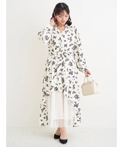 Re-J&SUPURE(リジェイアンドスプル)の「【大きいサイズ】裾チュールアシメ切り替え花柄シャツワンピース(ワンピース・レディース・ネイビー/ブラック・XXXX-LARGE/XXX-LARGE/XX-LARGE)」の10枚目の写真