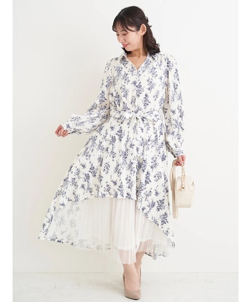 Re-J&SUPURE(リジェイアンドスプル)の「【大きいサイズ】裾チュールアシメ切り替え花柄シャツワンピース(ワンピース・レディース・ネイビー/ブラック・XXXX-LARGE/XXX-LARGE/XX-LARGE)」の5枚目の写真