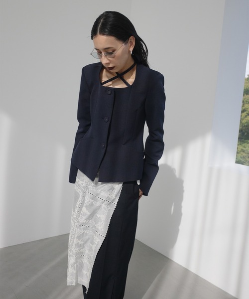 AMERI アメリ　トップス　ジャケット　ブラック カットソー  プルオーバー 2WAY SQUARE NECK CROP JACKET（ノーカラージャケット）｜Ameri