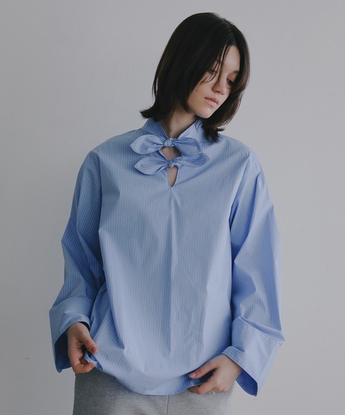 MANOF(マノフ)の「DOUBLE BOW DESIGN SHIRT(シャツ/ブラウス・レディース・ストライプ/ブラック/ホワイト・F)」の15枚目の写真