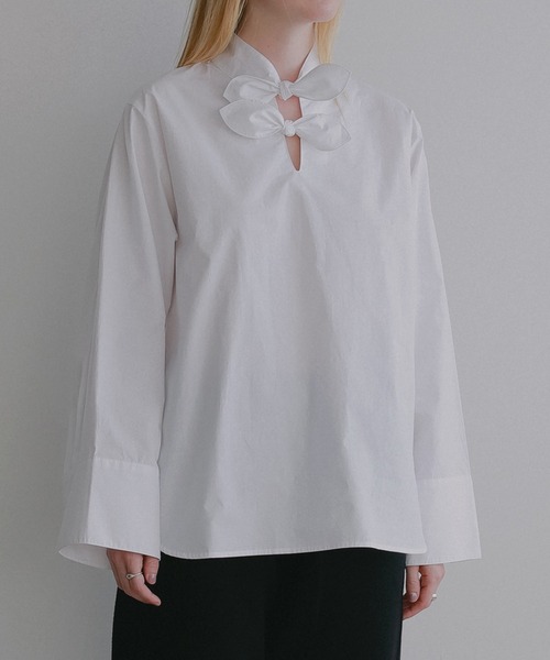 MANOF(マノフ)の「DOUBLE BOW DESIGN SHIRT(シャツ/ブラウス・レディース・ストライプ/ブラック/ホワイト・F)」の7枚目の写真