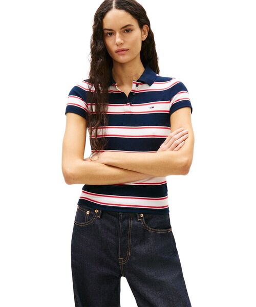 tommy jeans（トミー ジーンズ）の「【ウォニョン着用】スリムリブショートスリーブポロ（ポロシャツ・レディース・ブルー/ベージュ・SMALL/X-SMALL/MEDIUM）」の13枚目の写真