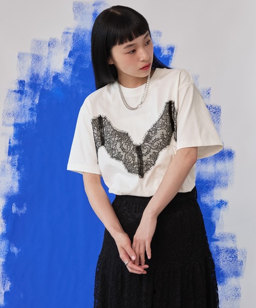 ELUNIS(エルニス)の「レースドッキングTシャツ(Tシャツ/カットソー・レディース・ホワイト/ブラック/レッド・FREE)」の5枚目の写真