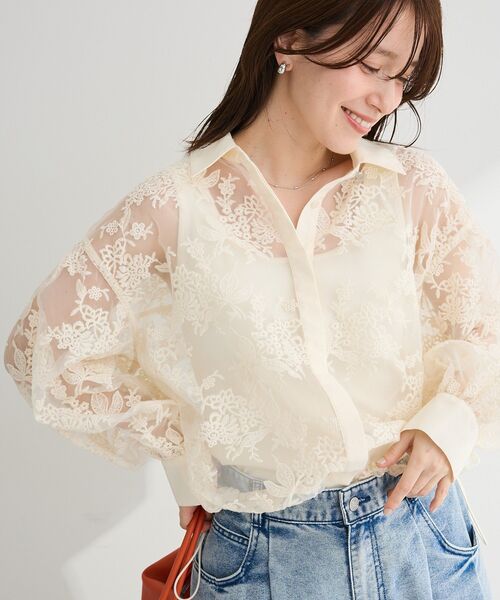 GRACE CONTINENTAL 刺繍シアーシャツ キナリ タグ付き オーガン刺繍比翼シャツ（シャツ/ブラウス）｜Green Parks（グリーン