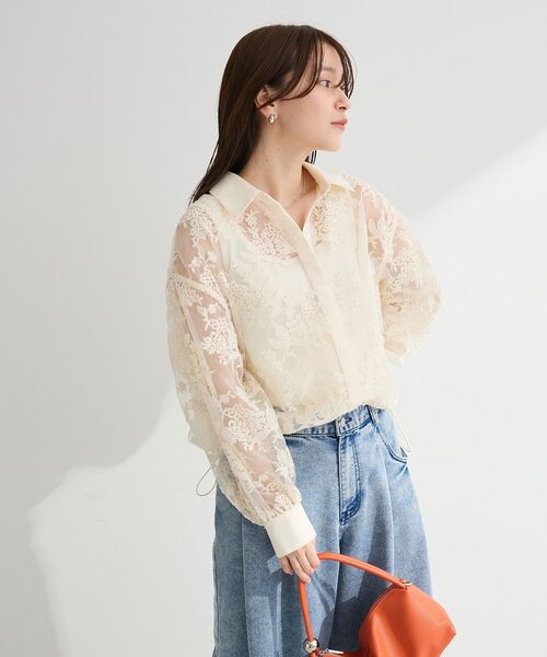 Green Parks(グリーンパークス)の「オーガン刺繍比翼シャツ(シャツ/ブラウス・レディース・ホワイト系その他2/ブラック・FREE)」の12枚目の写真