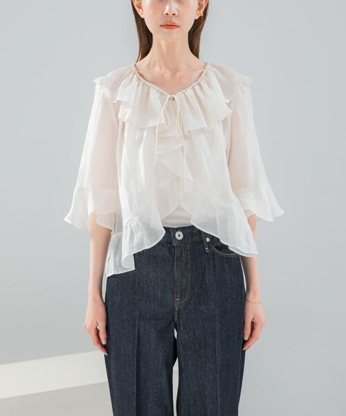 URBAN RESEARCH ROSSO WOMEN(アーバンリサーチ ロッソ)の「シアーフリルブラウス(シャツ/ブラウス・レディース・ネイビー/レッド/オフホワイト・FREE)」の14枚目の写真