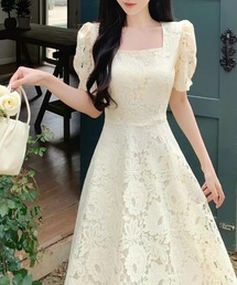 【26年春夏新作】バックリボン総レースパフスリーブフレアミディ丈スクエアネックワンピース 結婚式/オケージョン/式典/パーティー