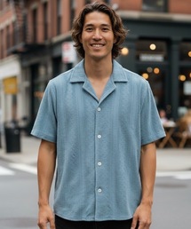 OAS（オーエーエス）の「SS SHIRT/OAS / 織り柄オープンカラー半袖シャツ ライトブルー 開襟 リゾートシャツ ストライプ調 総柄 夏（シャツ/ブラウス）」