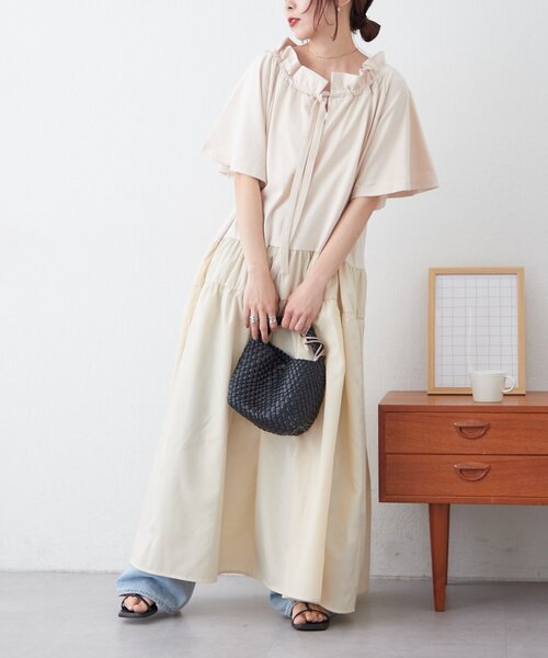 CIAOPANIC TYPY（チャオパニックティピー）の「襟ギャザー布帛ドッキングワンピース（ワンピース・レディース・ブラウン/グレー系その他/ブラック・MEDIUM/SMALL）」の22枚目の写真