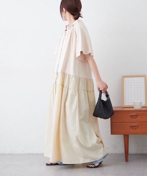 CIAOPANIC TYPY（チャオパニックティピー）の「襟ギャザー布帛ドッキングワンピース（ワンピース・レディース・ブラウン/グレー系その他/ブラック・MEDIUM/SMALL）」の21枚目の写真