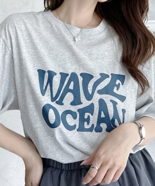umune(ウムネ)の「Tシャツ 半袖 フロントロゴ WAVEロゴ ビッグシルエット オーバーサイズ クルーネック カットソー トップス カジュアル 夏(Tシャツ/カットソー・レディース・ブラック/杢グレー/オフホワイト・FREE)」の3枚目の写真