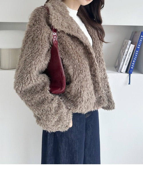 umune(ウムネ)の「暖かさも可愛さもこれ一枚♪スタンド衿のもこもこボアアウター(ブルゾン・レディース・グレー/モカ・FREE)」の6枚目の写真