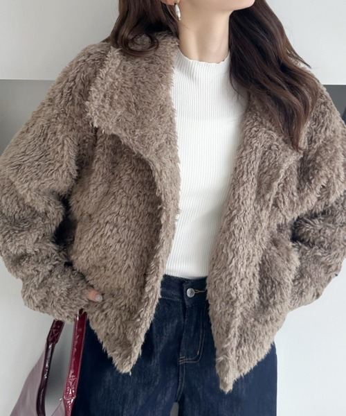 umune(ウムネ)の「暖かさも可愛さもこれ一枚♪スタンド衿のもこもこボアアウター(ブルゾン・レディース・グレー/モカ・FREE)」の11枚目の写真