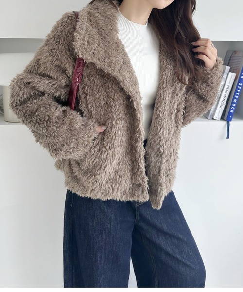umune(ウムネ)の「暖かさも可愛さもこれ一枚♪スタンド衿のもこもこボアアウター(ブルゾン・レディース・グレー/モカ・FREE)」の10枚目の写真