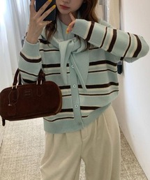 スカーフ付き 配色ボーダー カーディガン culw939