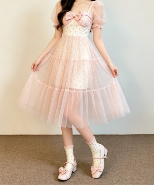 gossip!ロサンゼルス(ゴシップロサンゼルス)の「【Y2Kガーリー】レトロエナメル スクエアトゥ大ぶりリボンパールストラップ太ヒールメリージェーンパンプス(パンプス・レディース・ピンク・M/L/XL)」の5枚目の写真