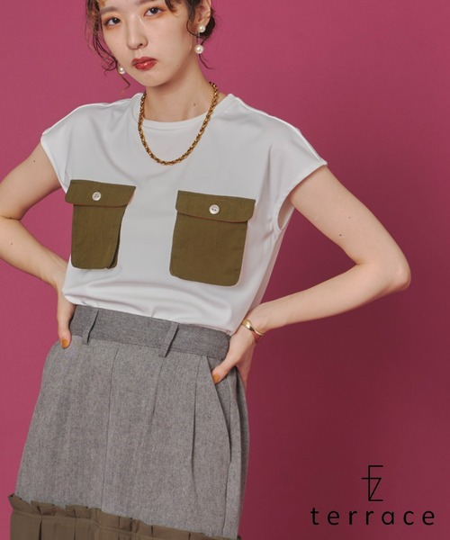 terrace(テラス)の「異素材ポケット付きシルケットTシャツ(Tシャツ/カットソー・レディース・ブラック/オフホワイト/カーキ・FREE)」の2枚目の写真