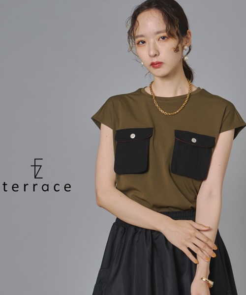 terrace(テラス)の「異素材ポケット付きシルケットTシャツ(Tシャツ/カットソー・レディース・ブラック/オフホワイト/カーキ・FREE)」の1枚目の写真