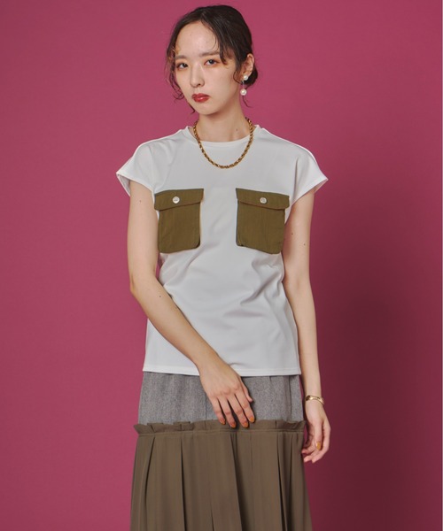 terrace(テラス)の「異素材ポケット付きシルケットTシャツ(Tシャツ/カットソー・レディース・ブラック/オフホワイト/カーキ・FREE)」の21枚目の写真