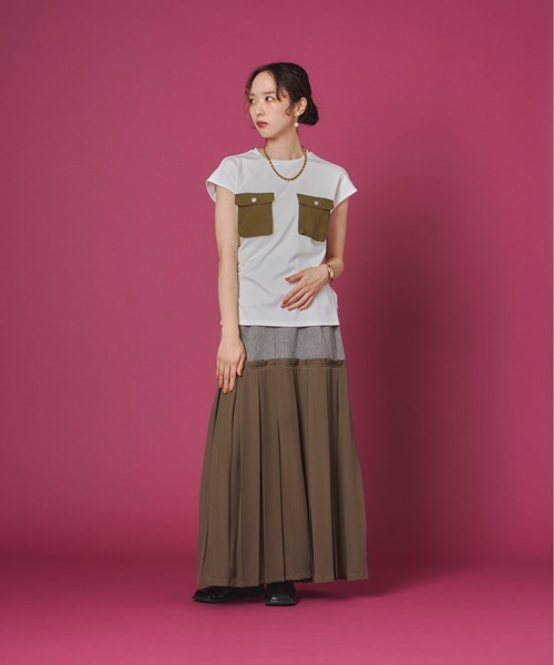 terrace(テラス)の「異素材ポケット付きシルケットTシャツ(Tシャツ/カットソー・レディース・ブラック/オフホワイト/カーキ・FREE)」の9枚目の写真