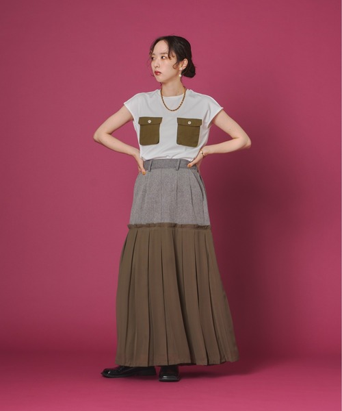 terrace(テラス)の「異素材ポケット付きシルケットTシャツ(Tシャツ/カットソー・レディース・ブラック/オフホワイト/カーキ・FREE)」の13枚目の写真